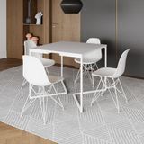 Mesa Industrial Quadrada Jantar Branca 90cm Base V Com 4 Cadeiras Brancas Eames Eiffel Ferro Branco