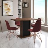 Mesa Jantar Londres Tampo Amêndoa 120cm Base Preta 4 Cadeiras Base Cobre Estofado Vermelho