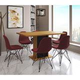 Mesa Jantar Londres Retangular Canela 137x90 Base Preta 6 Cadeiras Estofadas Vermelho Ferro Preto