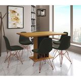 Mesa Jantar Londres Retangular Canela 137x90 Base Preta 6 Cadeiras Estofadas Verde Base Cobre