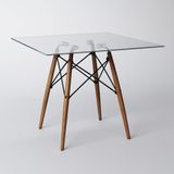 Mesa Eames Eiffel Quadrada 90 Cm Tampo De Vidro Base De Madeira