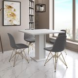 Mesa Jantar Londres Quadrada Branca 90cm 4 Cadeiras Eames Estofadas Grafite Base Dourado