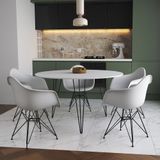 Mesa Jantar Redonda 110cm Branca Clips 3 Pés Com 5 Poltronas Brancas Ferro Preto Marrom