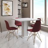 Mesa Jantar Londres Quadrada Branca 90cm 4 Cadeiras Eames Estofadas Vermelho Base Dourado