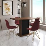 Mesa Jantar Londres Tampo Amêndoa 120cm Base Preta 4 Cadeiras Base Dourado Estofado Vermelho