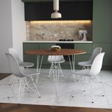 Mesa Jantar Redonda 110cm Amêndoa Clips 3 Pés Com 5 Cadeiras Eames Eiffel Brancas Ferro Branco