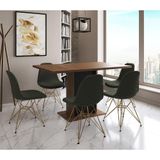 Mesa Jantar Londres Retangular Amêndoa 137x90 Base Preta 6 Cadeiras Estofadas Verde Base Dourado