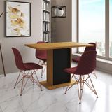 Mesa Jantar Londres Tampo Canela 120cm Base Preta 4 Cadeiras Base Cobre Estofado Vermelho