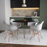 Mesa Jantar Redonda 110cm Preta Clips 3 Pés Com 4 Poltronas Brancas Base Cobre Preto