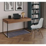 Mesa De Escritório Industrial Malta Amêndoa 137x53cm Base Ferro Preto Com 1 Cadeira Branca Eames Eif