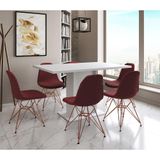 Mesa Jantar Londres Retangular Branca 137x90 6 Cadeiras Estofadas Vermelho Base Cobre