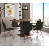 Mesa Jantar Londres Retangular Amêndoa 137x90 Base Preta 6 Cadeiras Estofadas Verde Base Cobre