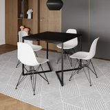 Mesa Jantar Industrial Quadrada 90cm Preta Base V Com 4 Cadeiras Eames Eiffel Brancas Ferro Preto