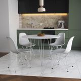 Mesa Jantar Redonda 110cm Branca Clips 3 Pés Com 4 Cadeiras Eames Eiffel Brancas Ferro Branco