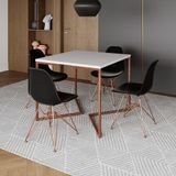 Mesa Jantar Industrial Quadrada 90cm Branca Base Cobre V Com 4 Cadeiras Pretas Eames Eiffel Pés Cobr