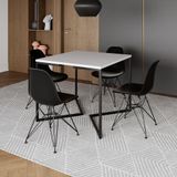 Mesa Jantar Industrial Quadrada 90cm Branca Base V Com 4 Cadeiras Eames Eiffel Pretas Ferro Preto