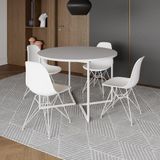 Mesa Industrial Jantar Redonda Branca 110cm Base V Com 4 Cadeiras Eames Brancas Ferro Branco