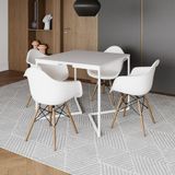 Mesa Jantar Industrial Quadrada 90cm Branca Base V Ferro Branco Com 4 Poltronas Brancas Marrom