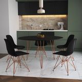 Mesa Jantar Redonda 110cm Preta Clips 3 Pés Com 5 Cadeiras Eames Eiffel Pretas Base Cobre