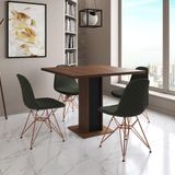 Mesa Jantar Londres Quadrada Amêndoa 90cm Base Preta 4 Cadeiras Eames Estofadas Verde Base Cobre