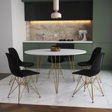 Mesa Jantar Redonda 110cm Branca Clips 3 Pés Com 5 Cadeiras Eames Eiffel Pretas Base Dourada