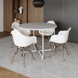 Mesa Jantar Industrial Branca 110cm Redonda Base V Ferro Branco Com 4 Poltronas Brancas Madei Marrom