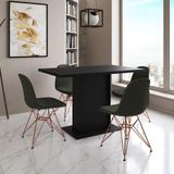 Mesa Jantar Londres Tampo Preto 120cm 4 Cadeiras Base Cobre Estofado Verde