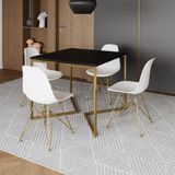 Mesa Jantar Industrial Quadrada 90cm Preta Base V Com 4 Cadeiras Eames Eiffel Brancas Base Dourada