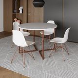 Mesa Industrial Jantar Redonda Branca 110cm Base V Com 4 Cadeiras Eames Brancas Base Cobre