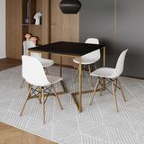 Mesa Jantar Industrial Quadrada 90cm Preta Base V Dourada Com 4 Cadeiras Eames Eiffel Madeira Branca