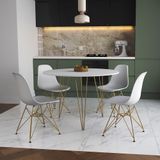 Mesa De Jantar Redonda 90cm Branca Clips 3 Pés Com 4 Cadeiras Eames Eiffel Brancas Base Dourada