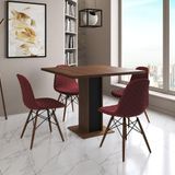 Mesa Jantar Londres Quadrada Amêndoa 90m Base Preta 4 Cadeiras Eames Estofadas Vermelho Madeira