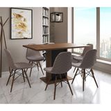 Mesa Jantar Londres Retangular Amêndoa 137x90 Base Preta 6 Cadeiras Estofadas Nude Médio Madeira