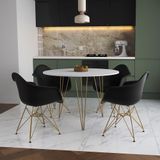 Mesa Jantar Redonda 110cm Branca Clips 3 Pés Com 4 Poltronas Pretas Base Dourada Branco
