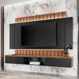 Painel Home Suspenso Preto / Nature P/ Tv Até 70 Com Fita Led E Detalhe Ripado 2 Portas