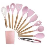 Kit 12 Pçs Utensílios De Cozinha Em Silicone Cabo Madeira