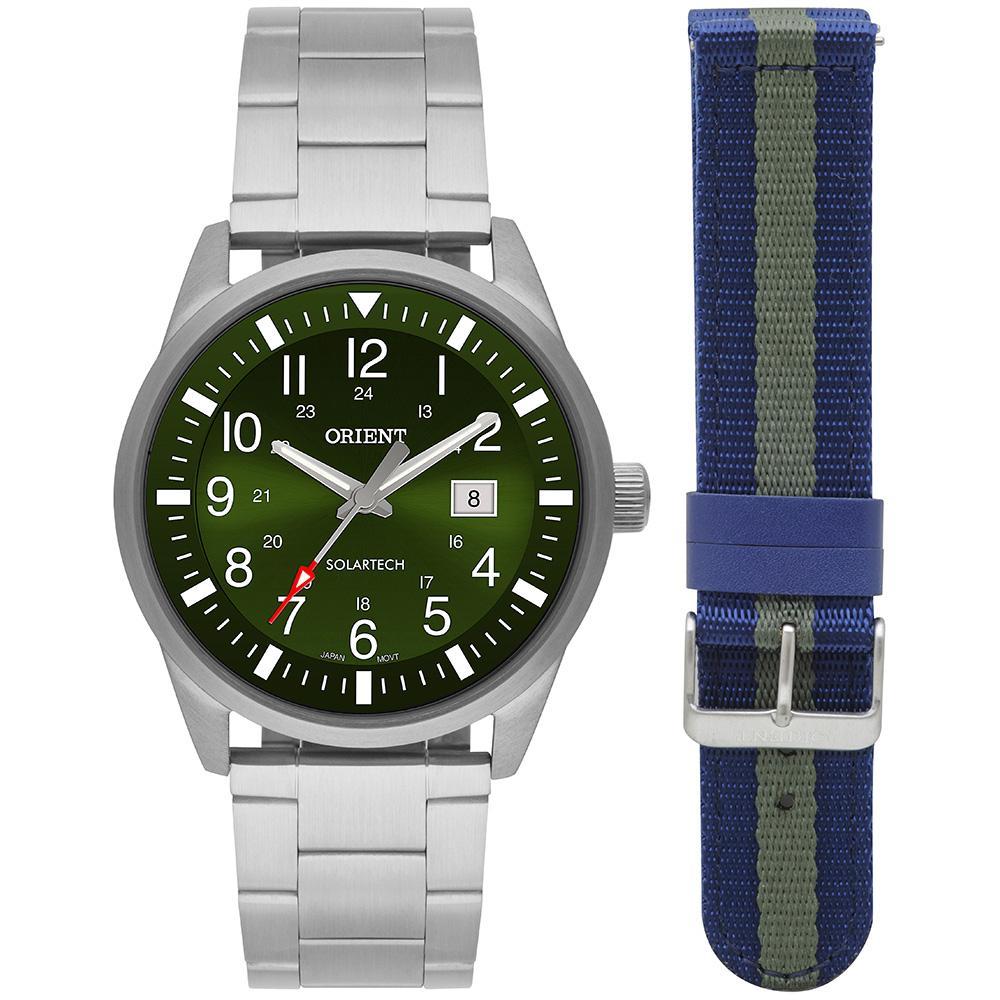 Relogio Orient Masculino Solar Prata Verde Troca Pulseira