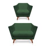Kit Poltrona E Namoradeira Pérsia Suede Verde Pés Chanfrado Castanho - Pallazio