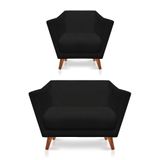 Kit Poltrona E Namoradeira Pérsia Suede Pés Chanfrado Castanho - Pallazio Cor Preto