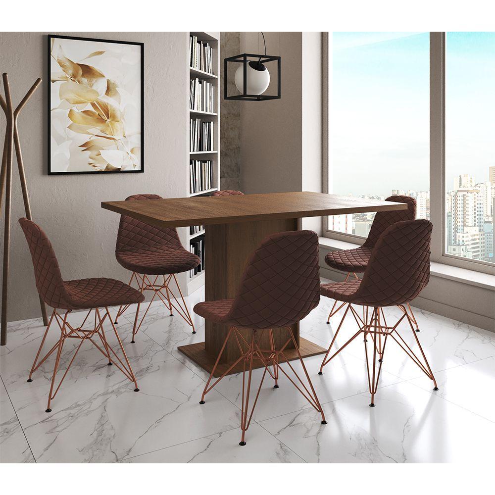 Mesa Jantar Londres Retangular Amêndoa 137x90cm 6 Cadeiras Estofadas Caramelo Base Cobre