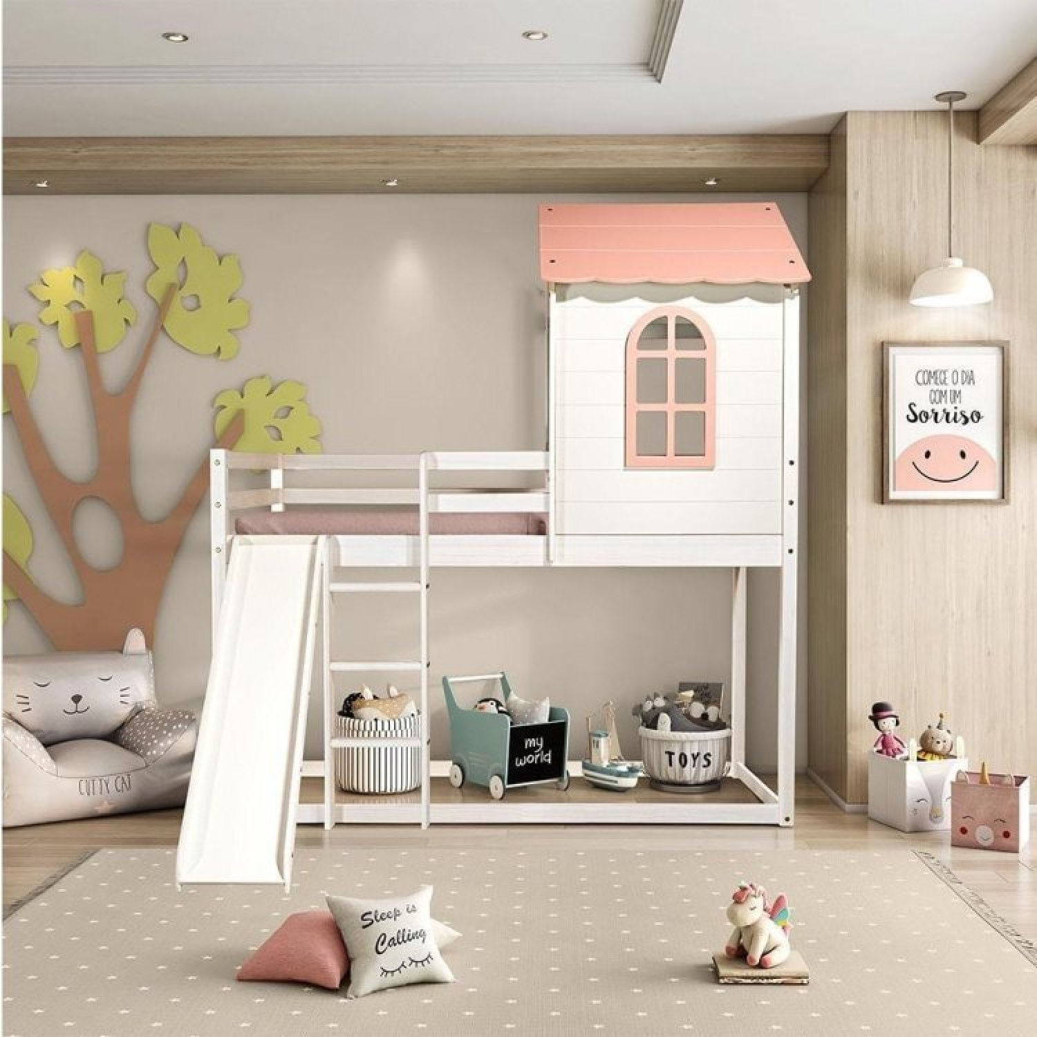 Cama Alta Infantil Club House Sweet Com Escorregador Casatema