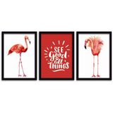 Kit 3 Quadros Mdf 20x30 Flamingos 2 Titulos Moldura Preta