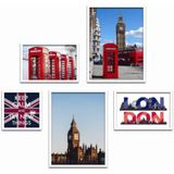 Kit 5 Quadros Decorativos London Titulos Moldura Branca