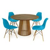 Conjunto Mesa De Jantar Redonda Luana Amadeirada Natural 120cm Com 4 Cadeiras Eames Eiffel - Turquesa