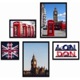 Kit 5 Quadros Decorativos London Titulos Moldura Preta