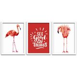 Kit 3 Quadros Mdf 20x30 Flamingos 2 Titulos Moldura Branca