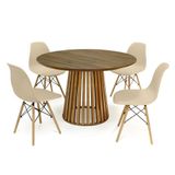 Conjunto Mesa De Jantar Redonda Luana Amadeirada Natural 120cm Com 4 Cadeiras Eames Eiffel - Nude