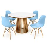 Conjunto Mesa De Jantar Redonda Luana Amadeirada Branca 120cm Com 4 Cadeiras Eames Eiffel - Azul Claro