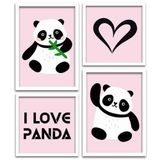 Kit 4 Quadros Decorativos I Love Panda Moldura Branca