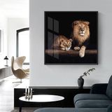 Quadro 70x70cm Família Leão Animais Moldura Preta Vidro